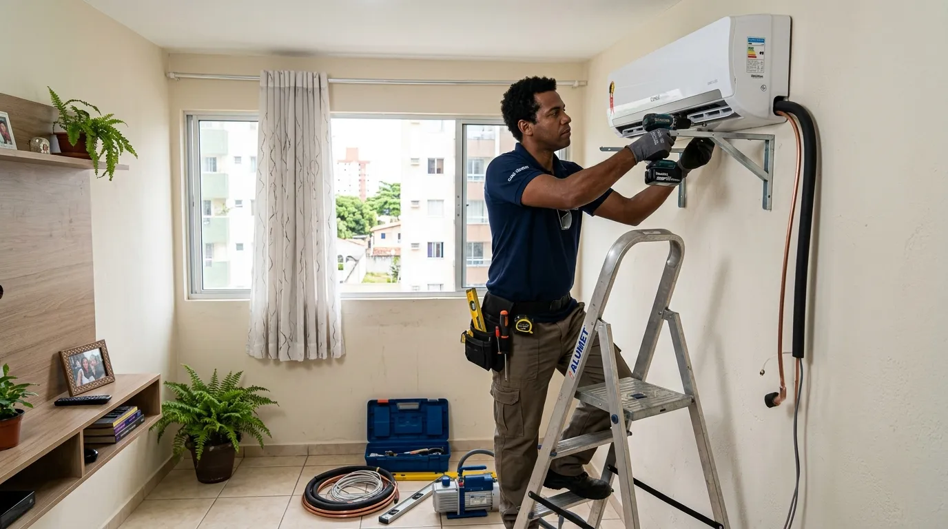 Técnico instalando ar condicionado em residência em Anápolis-GO em Anápolis-GO