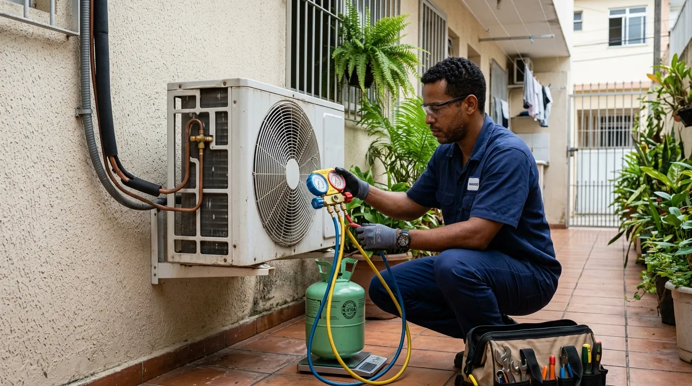 Técnico realizando carga de gás refrigerante em ar condicionado em Anápolis-GO em Anápolis-GO