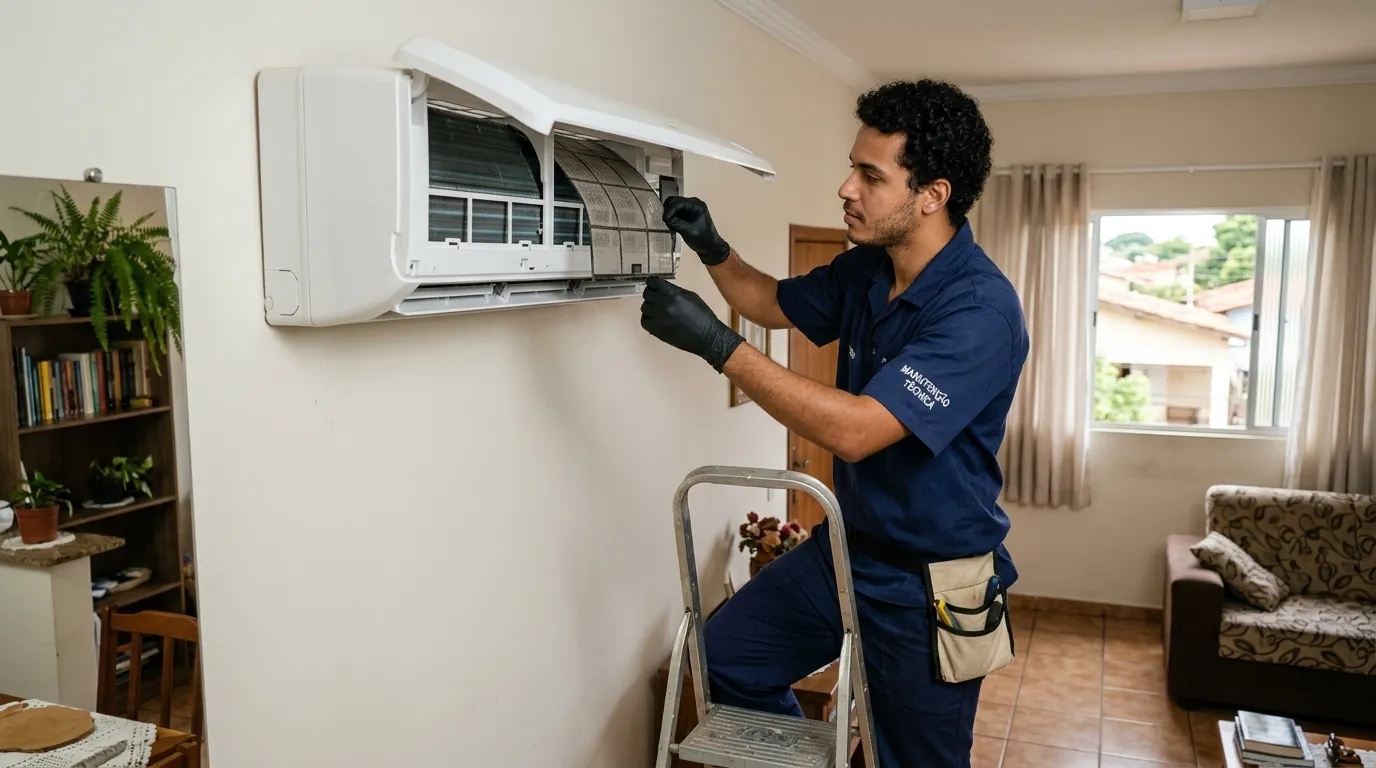 Técnico realizando manutenção preventiva em ar condicionado em Anápolis-GO em Anápolis-GO