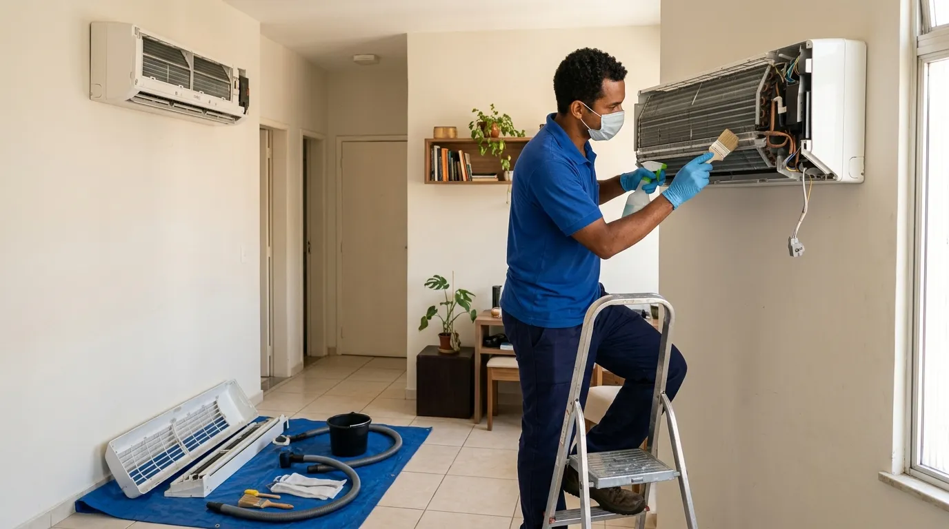 Técnico realizando limpeza de ar condicionado em Anápolis-GO em Anápolis-GO