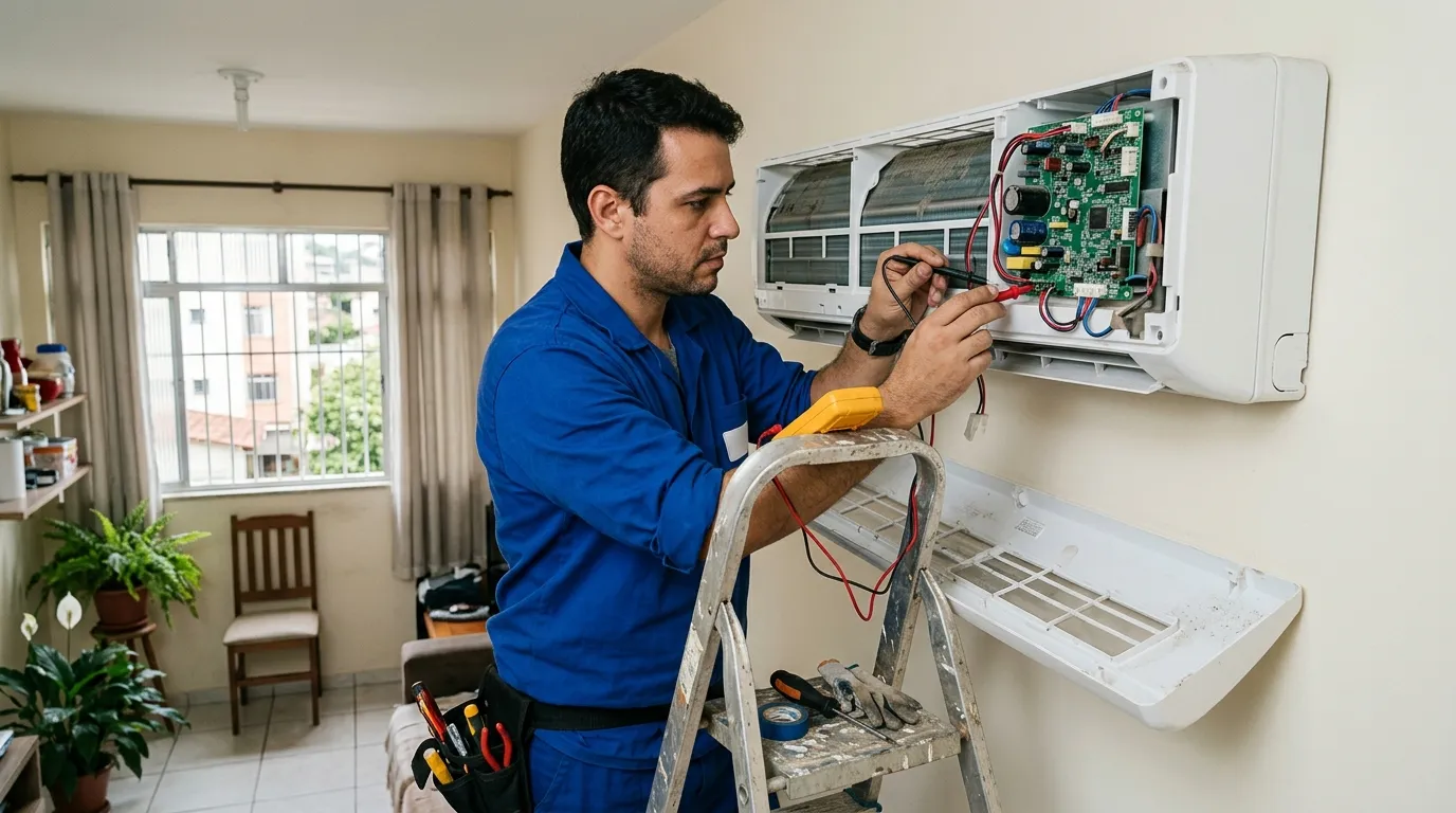 Técnico realizando conserto de ar condicionado em Anápolis-GO em Anápolis-GO